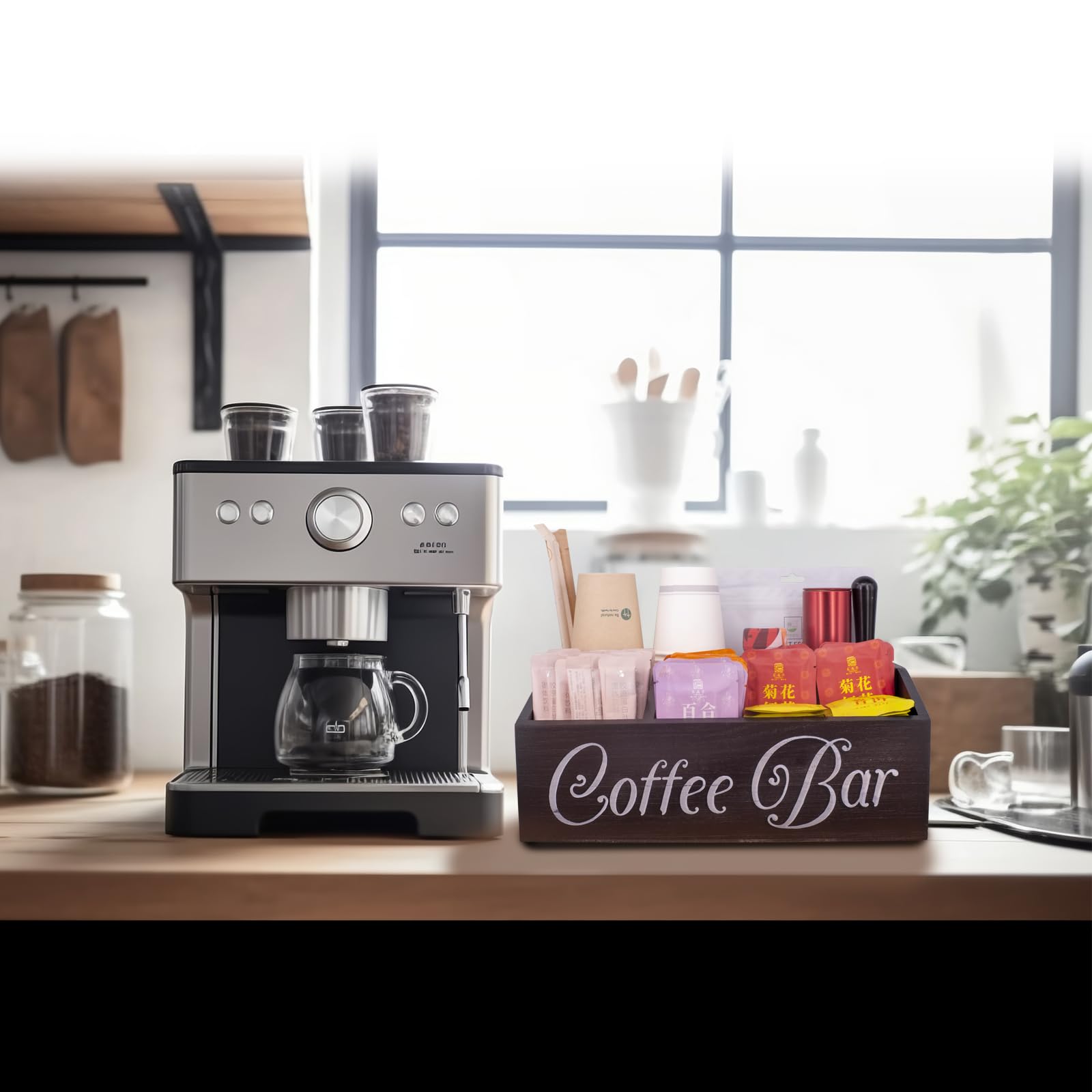 Organisateur de Thé et Station de Café - Accessoires pour Sachets, Lait, Serviettes, Capsules, Bâtonnets de Sucre (Noir)