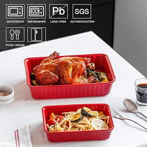 Miniatura 8 de Juego de 2 platos de cerámica para hornear, platos rectangulares para hornear, lasaña para cocinar, cocina, pasteles, cenas, banquetes y uso diario,