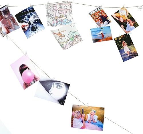 Miniatura 4 de 100 clips para fotos, mini pinzas para colgar en la pared, fotos Polaroid para niños, obras de arte con cuerda de 98 pies y mini ganchos de montaje