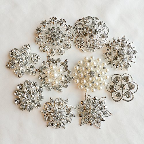 Your Perfect Gifts 10 pcs Assorted Rhinestone Buttons Brooch Embellishment Set Pearl Crystal Wedding Brooch Bouquet BT165