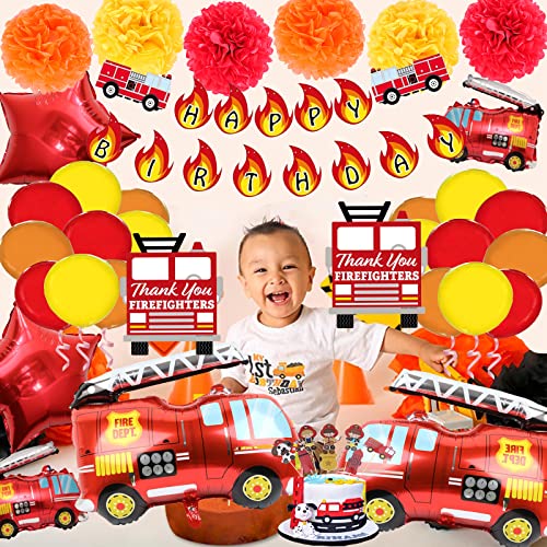 62Pcs Premium Fire Truck Theme Birthday Party Supplies Fireman Happy Birthday Banner Firefighter Cake Topper Balloon Sticker Decorations For Boys Birthday Party #TOP4
