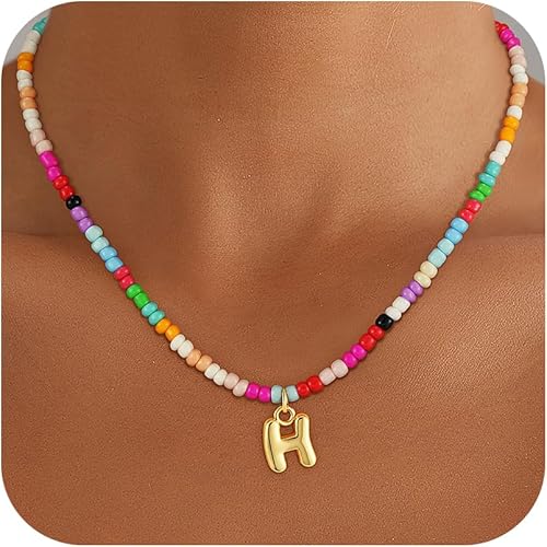 Maxcate Bubble Colorful Iniital Necklace for Women Girls - Bubble Beaded Initial Letter H Necklaces for Women Girls Jewelry 4 5 6 7 8 9 10 11 12 13 Year Old Birthday Gifts Jewelry