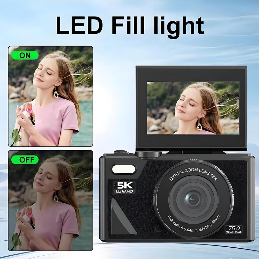 Fotocamera Digitale da 75 MP, Video 5K, Zoom 18X, Registratore Vlog Vintage, Schermo Girevole A 180°, Wi-Fi - Ideale per I Creatori di Contenuti