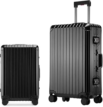 Oblique Angle Metal All Aluminum Magnesium Alloy Material Carry-on Luggage TSA Customs Lock Zipperless Silent Rotary Wheel Business Suitcase Set black, 2Piece20/26
