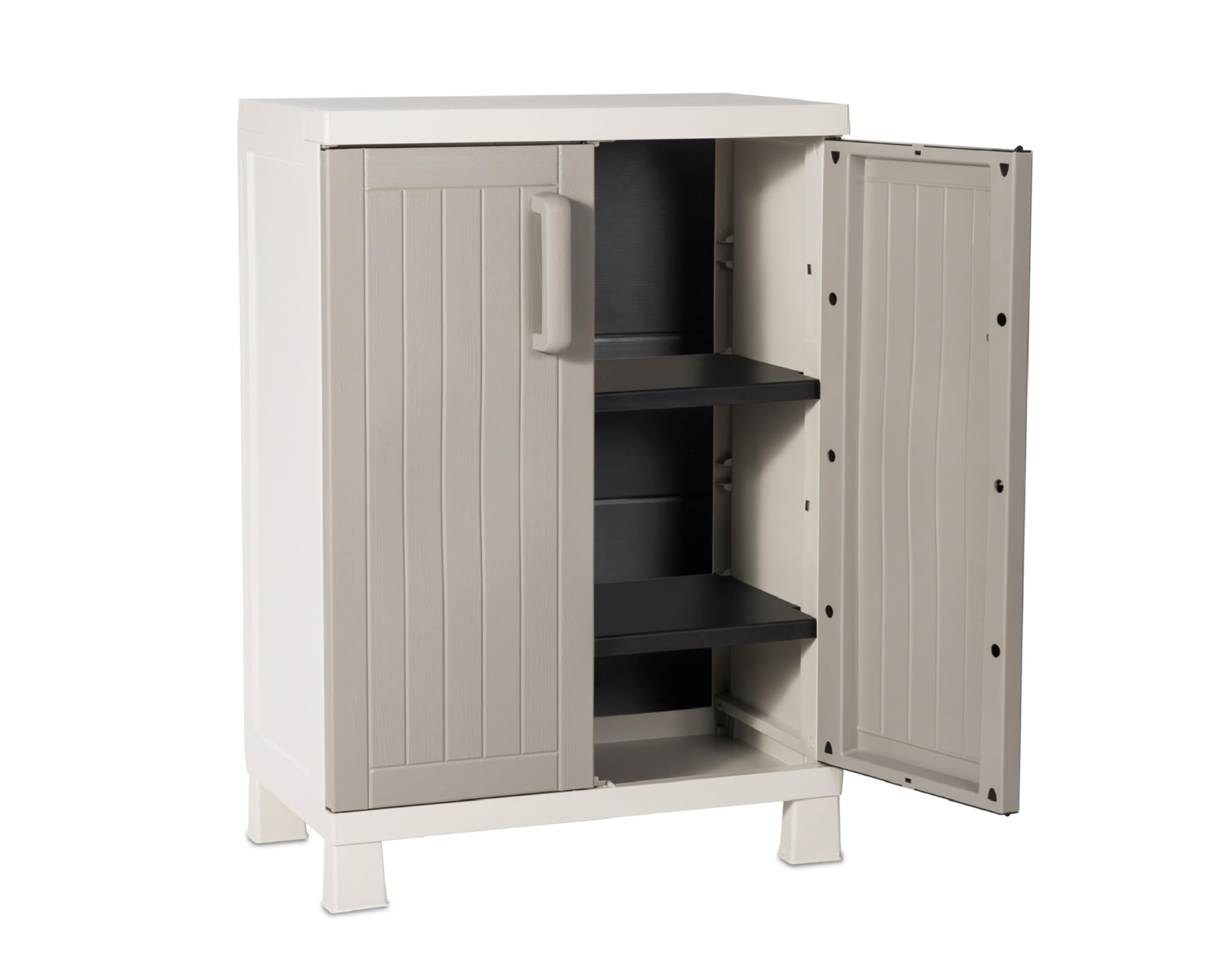 Toomax Armadio Wood Midi Basso 65x37x93h cm in plastica resistente effetto legno grigio tortora/grigio chiaro, con 2 ripiani regolabili e piedini, ideale per garage, cantine e spazi interni