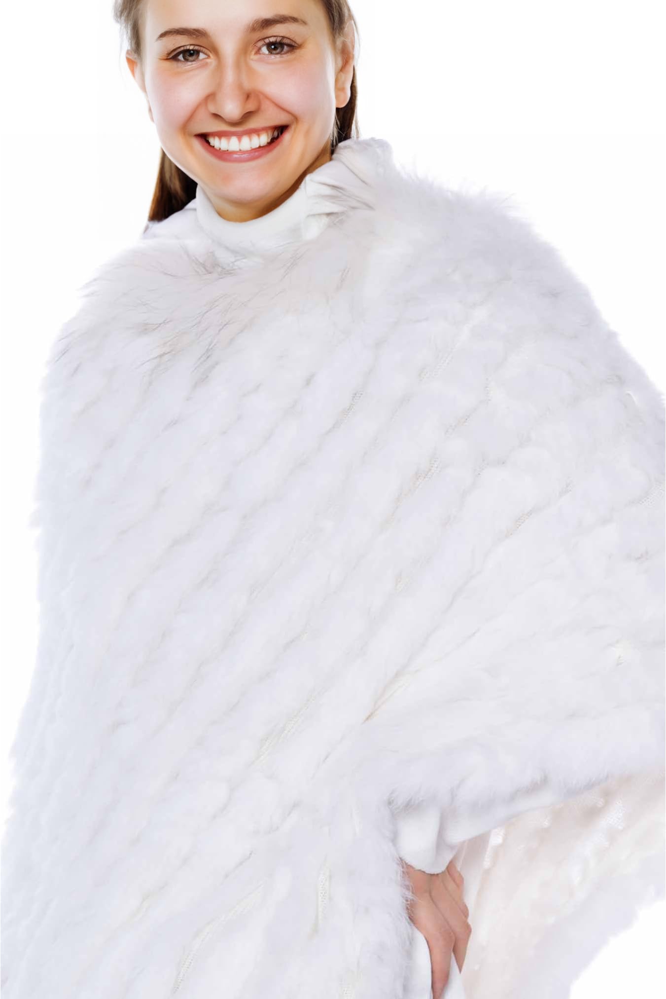 HEIZZI Naturale Pelliccia di Coniglio Poncho a Maglia Pullover