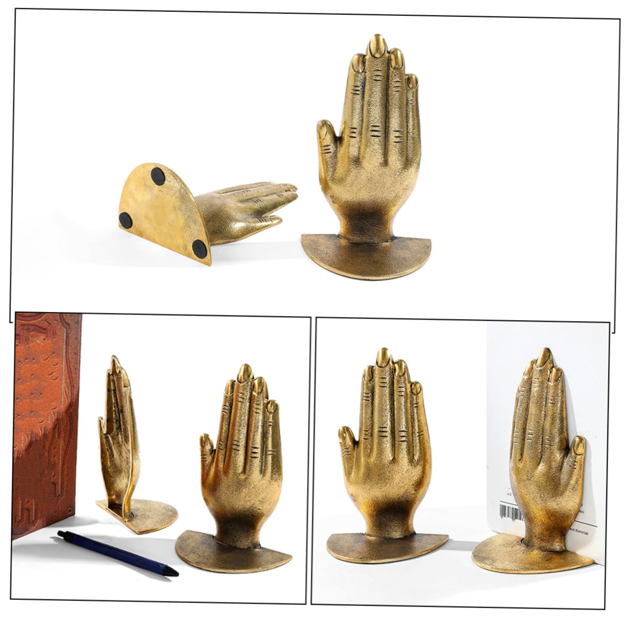 Garneck Fermalibri Decorativi in Ferro Oro, Mani in Preghiera, per Mensola e Scrivania, Organizzano i Libri e Impediscono Cadute, Stile Semplice