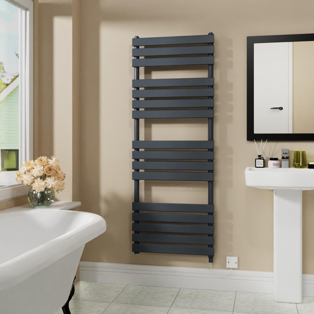 Warmehaus Sand Grey Electric Flat Panel Heated Towel Rail Bathroom Ladder Radiator Warmer 1600X600mm 800W