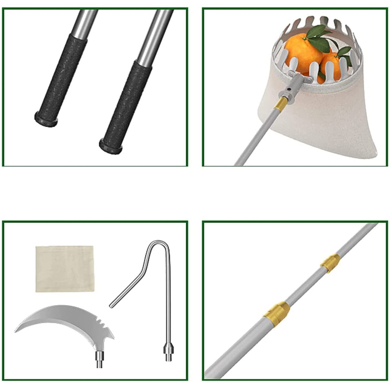 A,6.8 ft, Raccogli Frutta Telescopico, Raccogli Frutta Regolabile in Altezza con Palo Acciaio Inox e Borsa Strumenti di Raccolta all'aperto per Limoni, Mele,manghi Arance