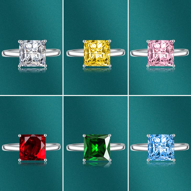 3CT Promise Rings Simulated Yellow/Purple/Red/Blue/Pink Diamond Cubic Zirconia Ring for Women Radiant Cut Sterling Silver Bands Square Design for Wedding Engagement Present(Pink)4