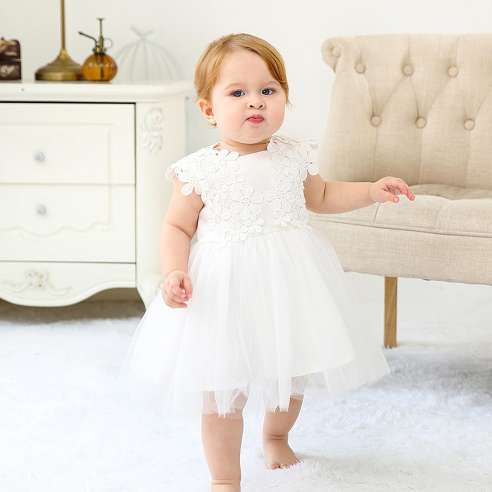 Robe pour Bébé Fille,Robe Tutu en Tulle Fleuri sans Manches de Princesse pour Cérémonie de Mariage,Anniversaire,Fêtes,Baptême,Vetement Bebe Fille,Nourrisson 6 à 24 Mois