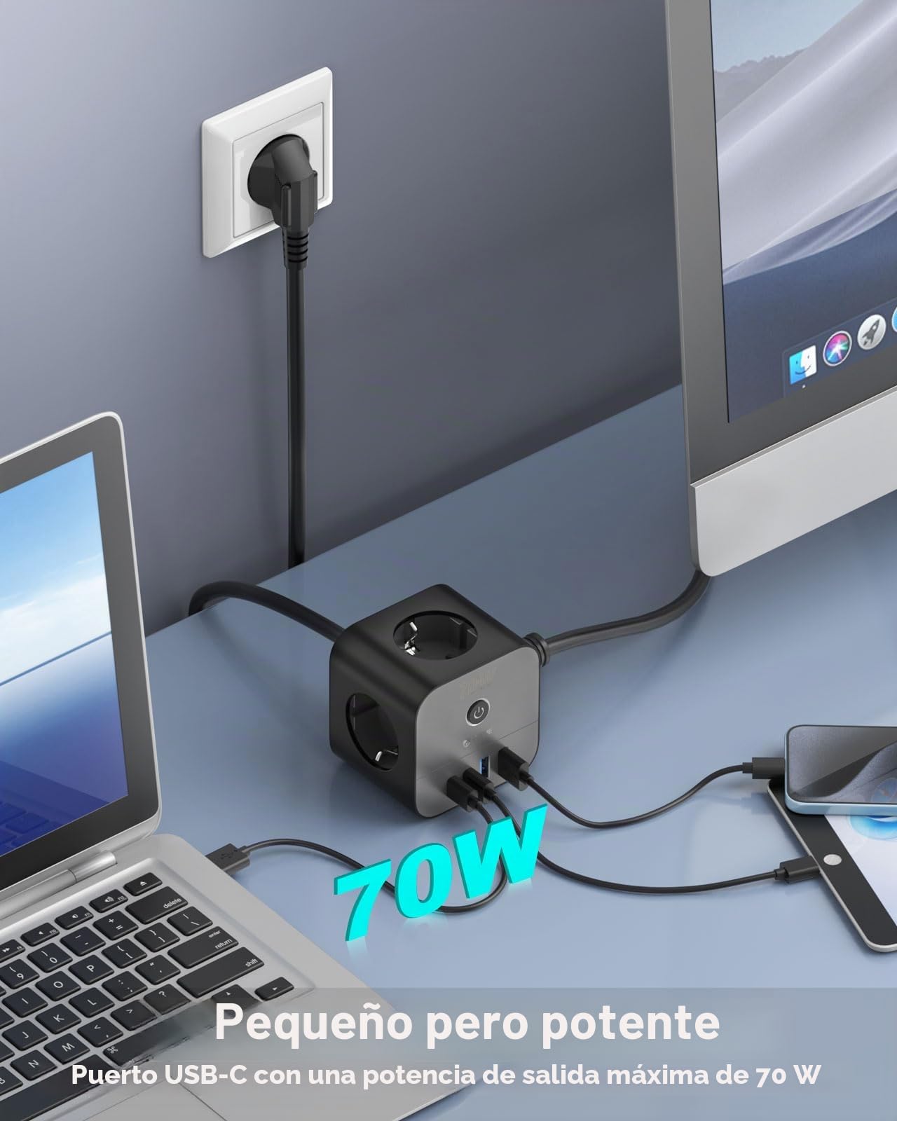 VEFVE Cubo Regleta 70W GAN, Cargador Rápido USB C, Ladrón Enchufes 7 en 1 con Interruptor, Compatible con iPhone 17, Galaxy S26, MacBook, Cable 3m, Negro
