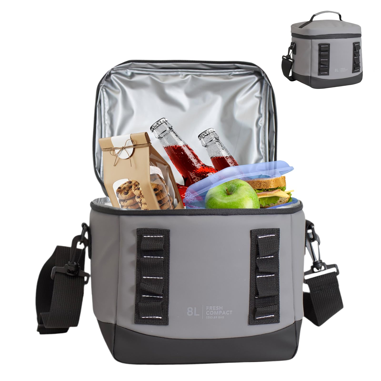 Bordlite 8L Insulated Cooler Bag Grey – Leakproof Lunch Bag with Waterproof Lining, Thermal Insulation, Adjustable Shoulder Strap, Compact Picnic Travel Cooler for Drinks & Food