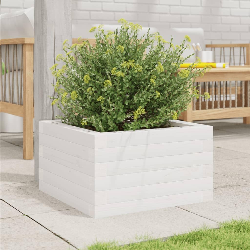 Pflanzkübel Weiß aus massivem Kiefernholz 40x40x23 cm Blumenkasten für Garten Balkon Hochbeet mit offenem Boden zur optimalen Entwässerung und Pflanzenpflege