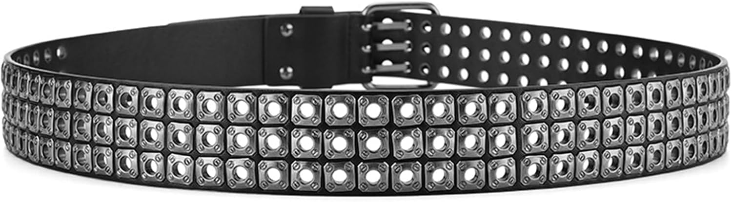 Tülle Nieten Gürtel Hohler Nietgurt Plus Größe 1 1/2" Breiter Extra Langer 41-59" Ledergürtel Mit Löchern 3 Zinken Schnalle, Black, 110cm/43