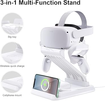 3 in 1 Enhanced Charging Dock VR Accessory Station for Meta/Oculus Quest 2 Quest 1 Rift S HTC Vive Cosmos Valve Index and More Mobile Watch Earplugs Wireless Charging