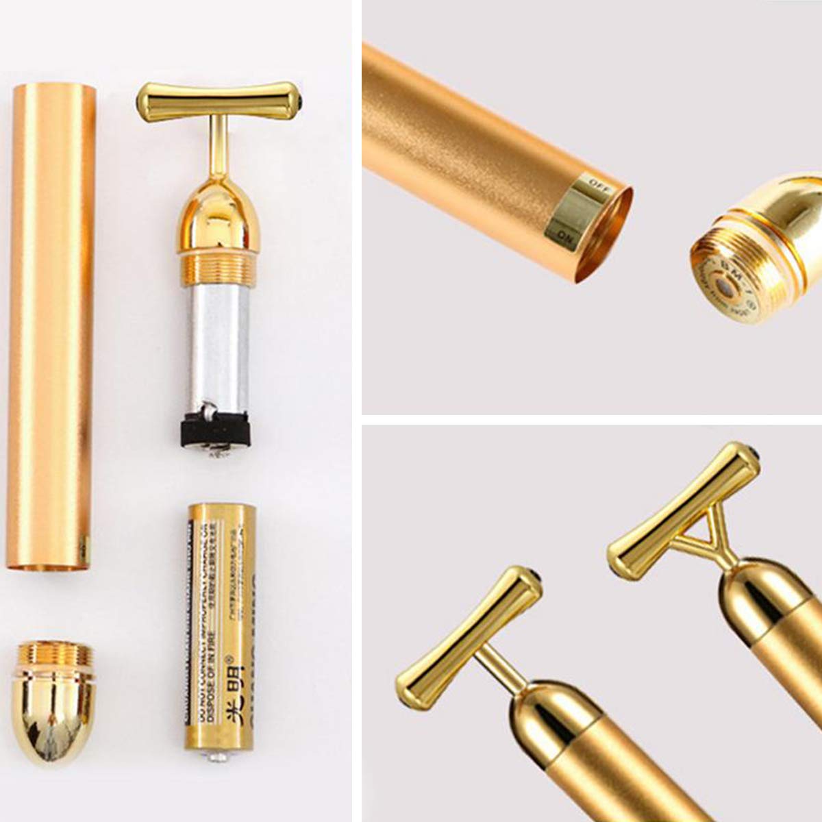 Massaggiatore facciale di impulso d'oro di bellezza 24 K, strumenti di massaggio del viso di segno elettrico di forma a T per la pelle sensibile tirare l'ascensore rassodante.