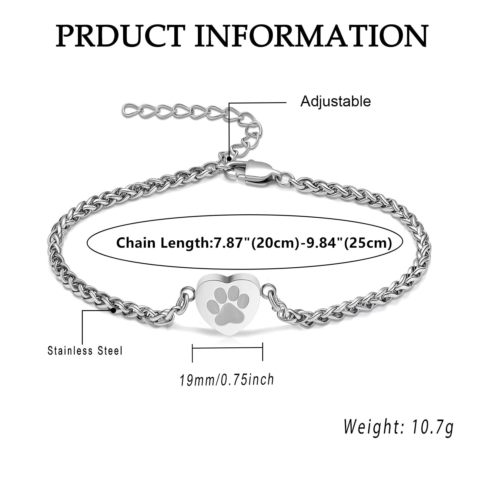 VCCWYQK Paw Print Heart Urn Bracelet for Ashes for Dog Cat Bangle Stainless Steel Memorial Keepsake Urn Jewelry for Pet Ashes - Image 2