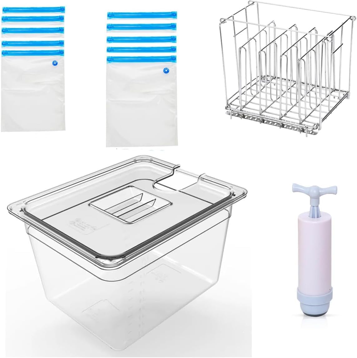 11L Sous Vide Container with Lid, 1 Adjustable Stainless Steel Dividers Rack, 10 Bags Manual Vacuum Sealer Kit – All-in-One Precision Cooker Accessories Set