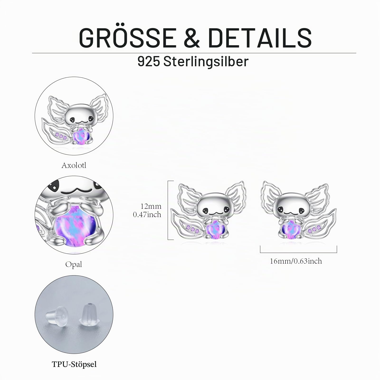 Axolotl Ohrstecker 925 Sterling Silber Tier Ohrring Axolotl Schmuck Geschenk für Frauen Mädchen Damen
