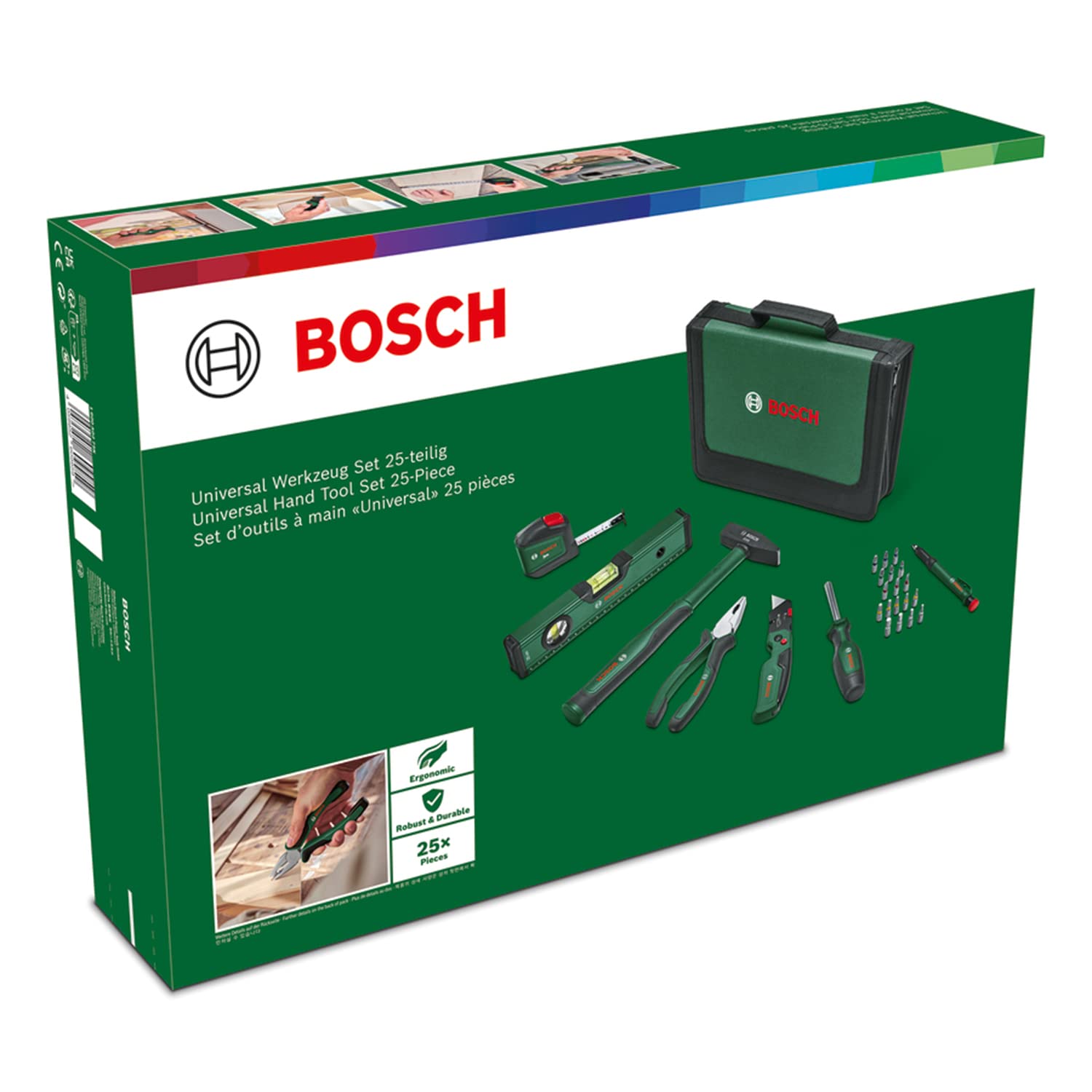 Bosch Universal-Handwerkzeug-Set, 25-teilig (vielseitiges Werkzeug-Set für allgemeine Arbeiten rund ums Haus; Klappmesser; Kombizange; Maßband; Wasserwaage und mehr) - Amazon Edition