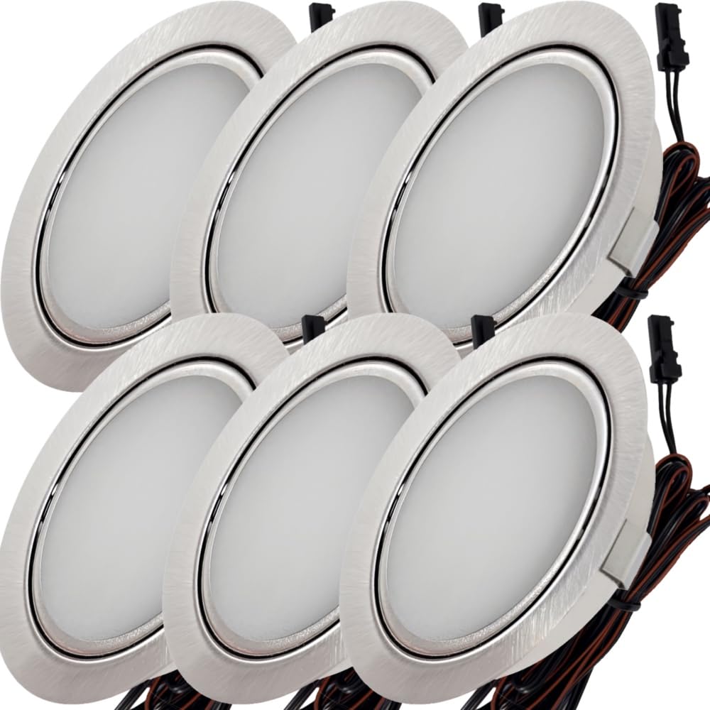 6x 3W LED Möbeleinbauleuchte Milena 12V Einbauspot Einbaustrahler Edelstahl gebürstet warmweiß 3000K Milchglas Bohrloch 55-60 mm Ø65 mm