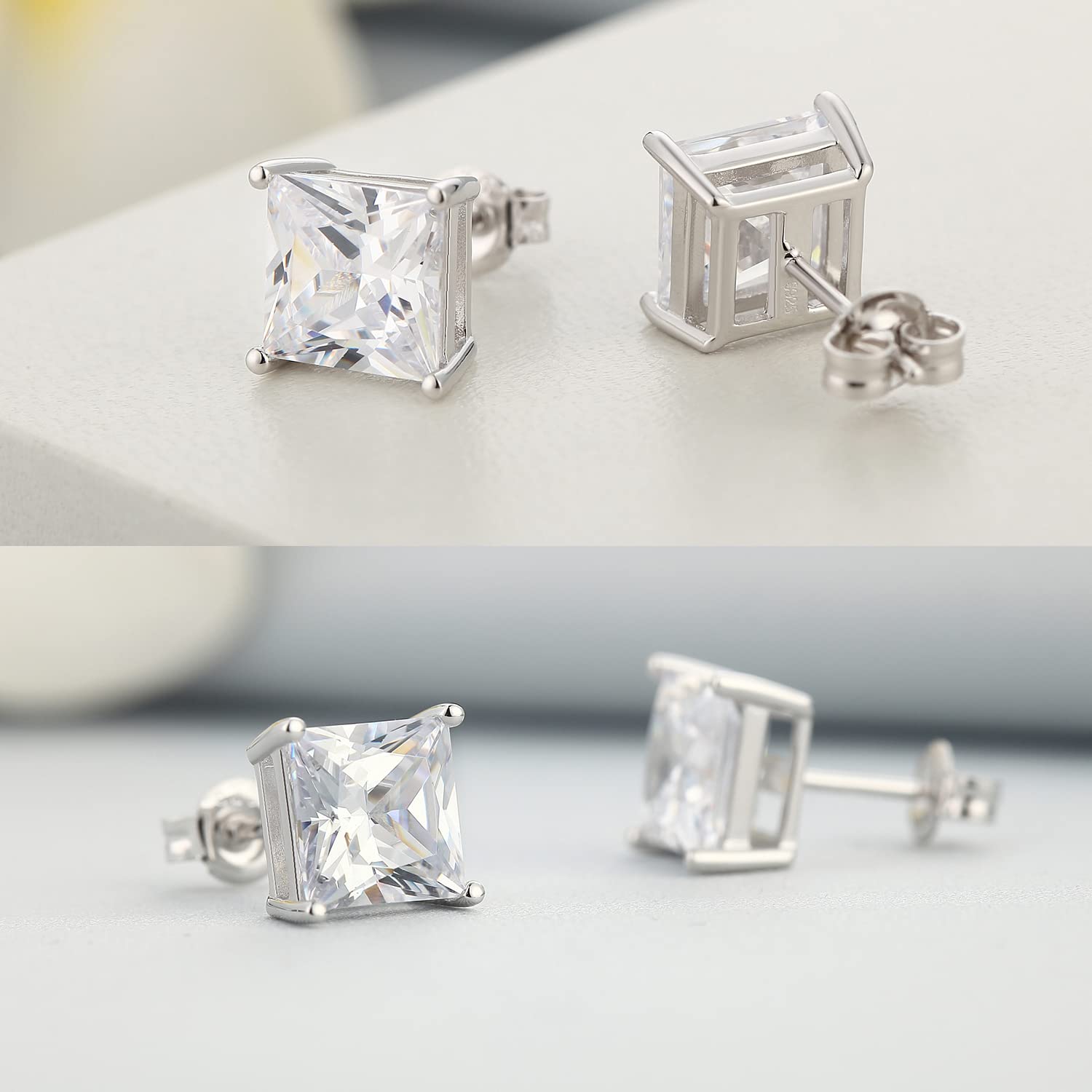 Ohrringe 18K Weißgold plattiert 925 Sterling Silber Rundschliff und Prinzessinnenschliff Zirkonia Ohrstecker I Swaro-vski Zirkonia Ohrringe Größe 3mm-8mm Feines Schmuck für Damen Herren