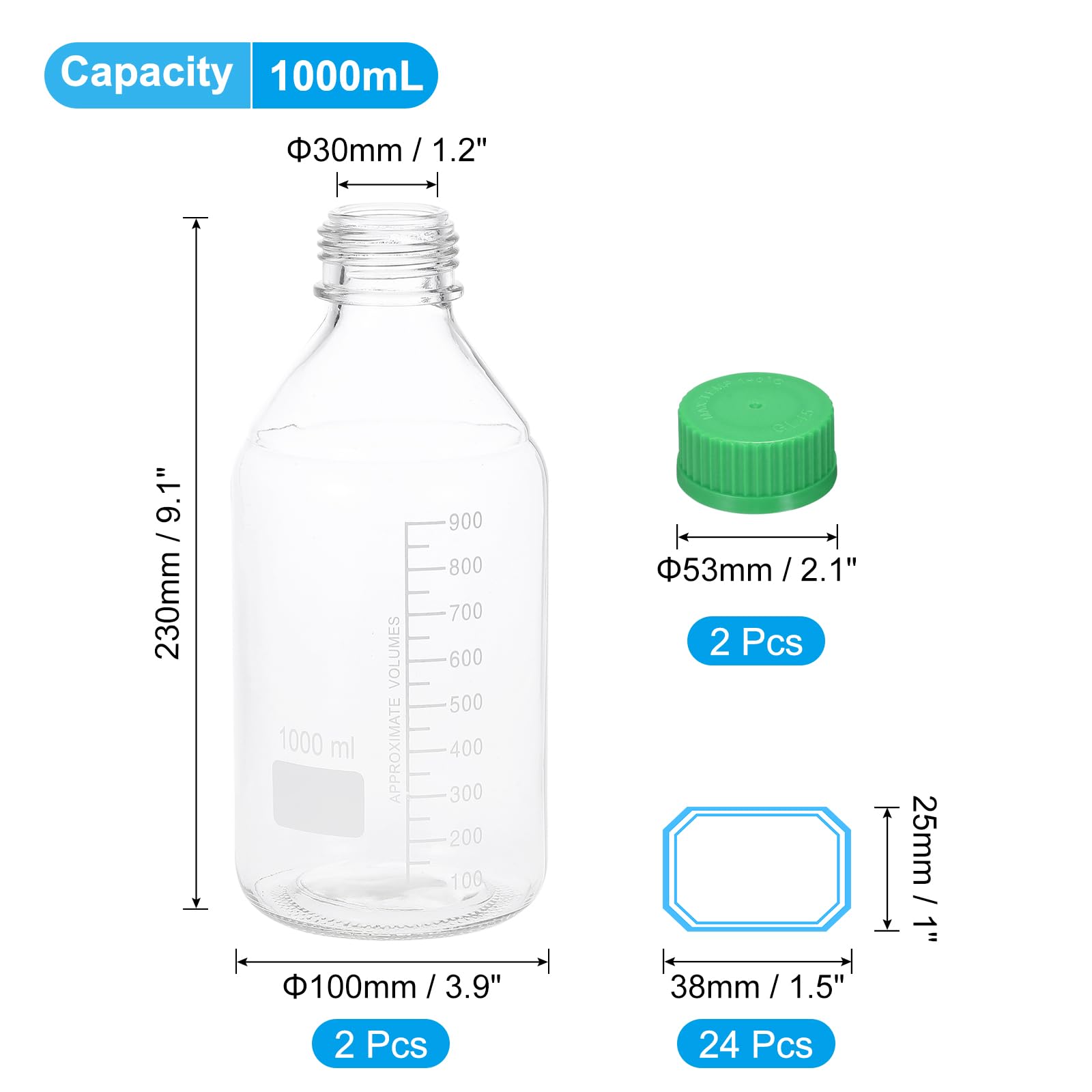 PATIKIL Reagenz-Medien-Aufbewahrungsflaschen, 1000 ml, Borosilikatglas, runde Flaschen mit grünem GL32-Schraubverschluss für Laborwasserflüssigkeiten, transparent, 2 Stück
