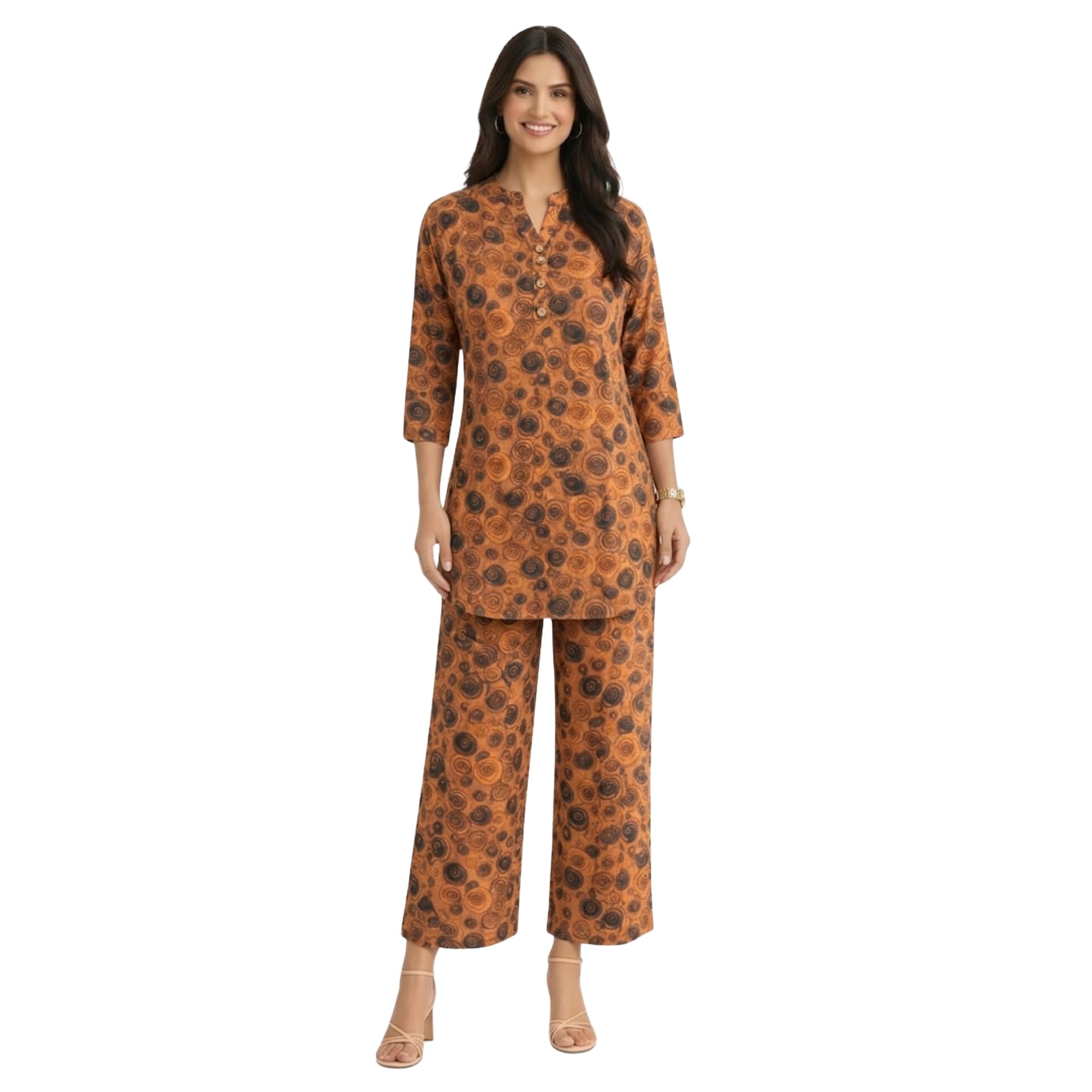 Women’s Premium Modal Co-Ord Set | Circular Swirl Print | Mandarin Collar | Soft Modal Fabric | Trendy Casual Outfit | Rust Orange-image-18