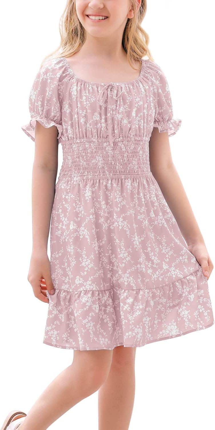 Goranbon Girls' Summer Floral Dress Kids 2025 Puff Sleeve Square Neck Smocked Flowy Sun Dresses - Image 3