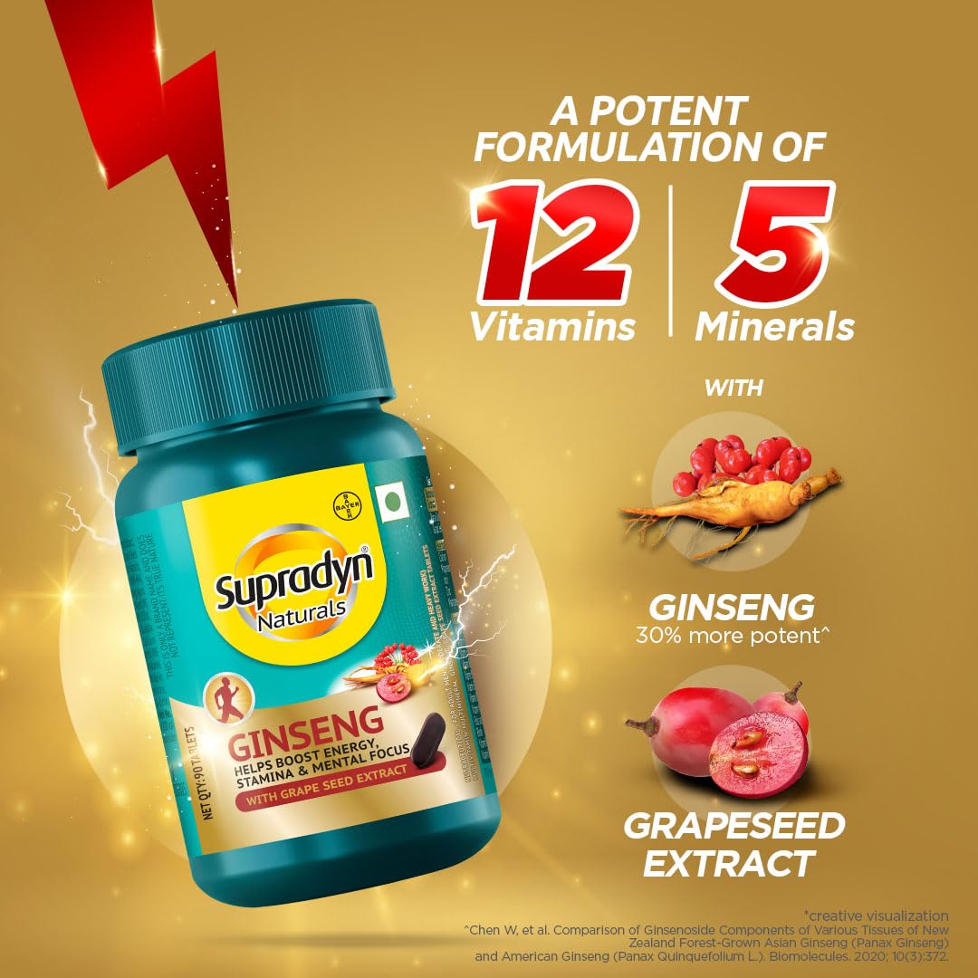 Supradin Naturals Ginseng Multivitamin for Main | Ginseng and Grapesid extract | 12 Vitamins, Zinc, Magnesium | Energy, immunity, stamina, mental focus | 30 bullets | Vegetarian (90) Supradin Naturals Ginseng Multivitamin for Main | Ginseng and Grapesid extract | 12 Vitamins, Zinc, Magnesium | Energy, immunity, stamina, mental focus | 30 bullets | Vegetarian (90)