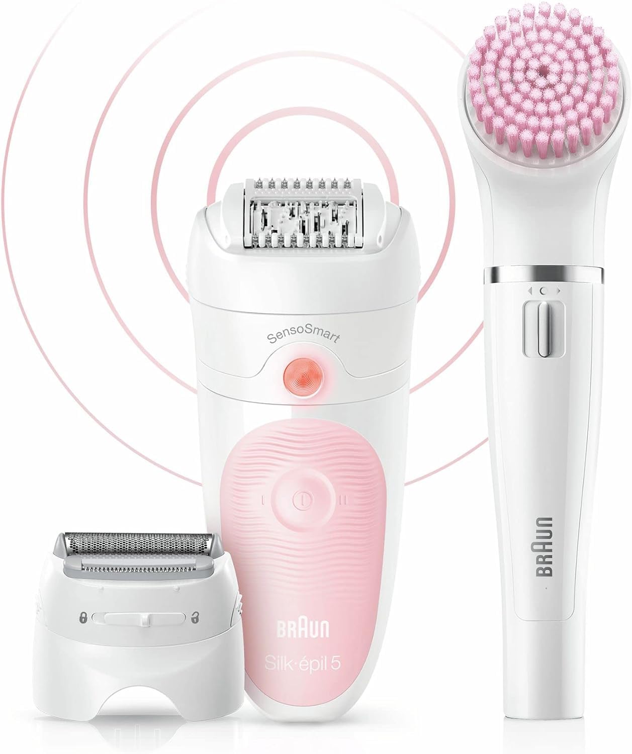 Braun Silk-épil 5 zestaw kosmetyczny, depilator dla kobiet/depilator, nasadki do golenia, peelingu, oczyszczania twarzy i ciała, torba, 5-895, biały/flaming