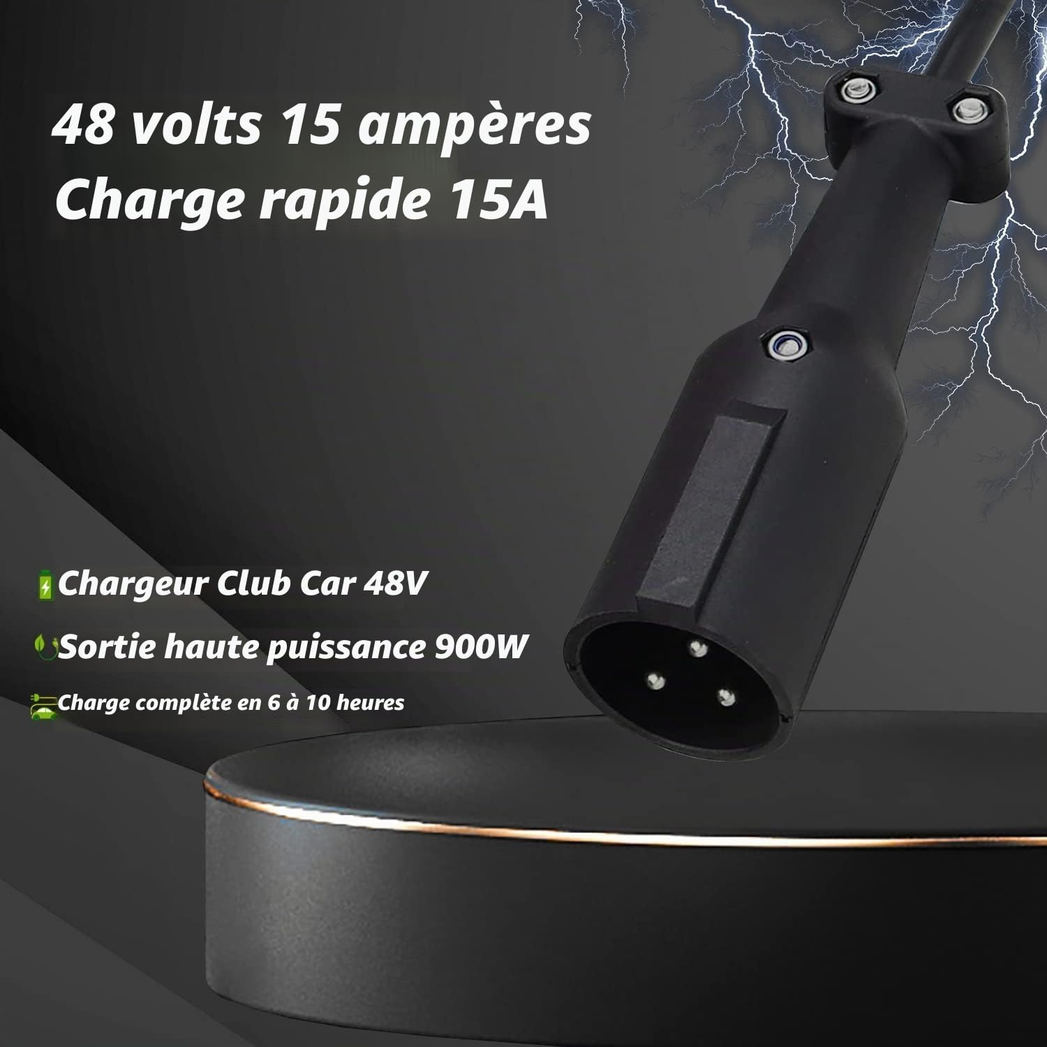 QDD Club Car Chargeur de batterie 48 V 15 A pour chariot de golf 48 V avec affichage numérique, prise ronde à 3 broches