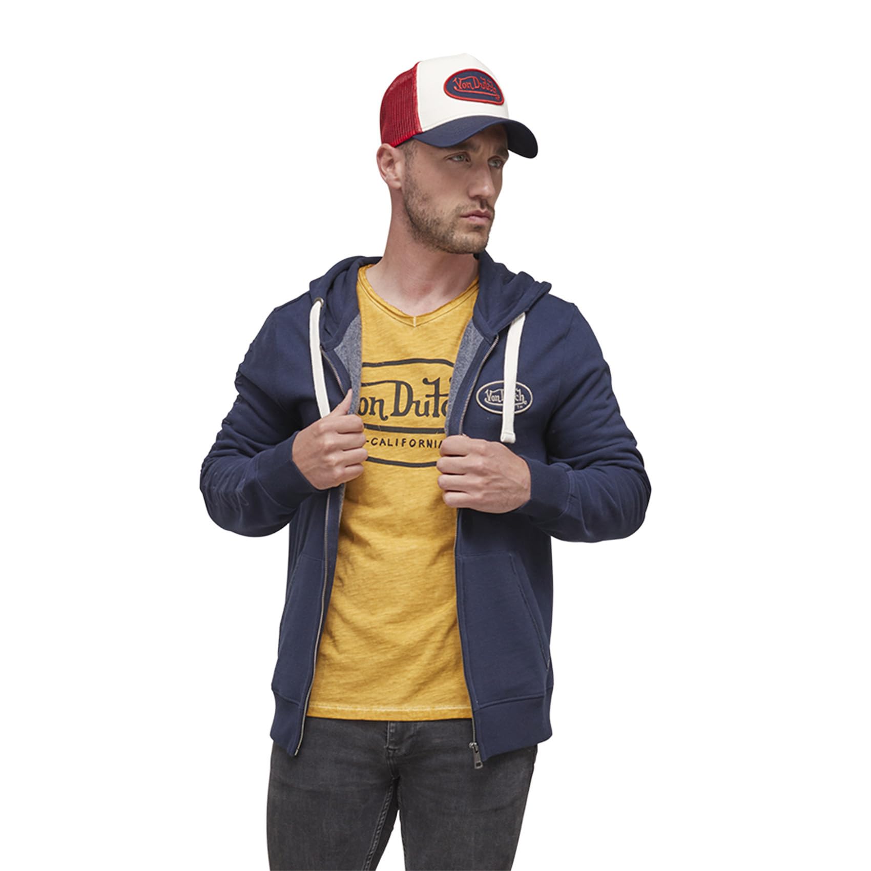 Von Dutch Sudaderas Hombres con Capucha Camp, con Cremallera, Azul NV (S) | Hombre, Adulto, Sudadera Con cremallera, Con capucha, Forro: Afelpado, Tejido: Punto, Manga Larga, Streetwear