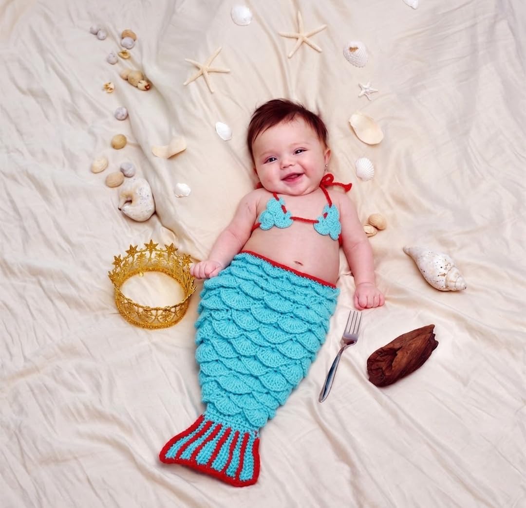 BabyMoon Set of 3 Crochet Mermaid New Born Photography Shoot Props Costume (6-18 Months, Pink) — Amazon image 6
