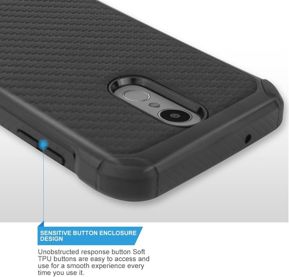 TJS Case for LG Aristo 2/Aristo 2 Plus/Aristo 3/Aristo 3 Plus/Tribute Dynasty/Tribute Empire/Fortune 2/Rebel 3 LTE [Full Coverage Tempered Glass Screen Protector] Hybrid Carbon Fiber Phone (Black)
