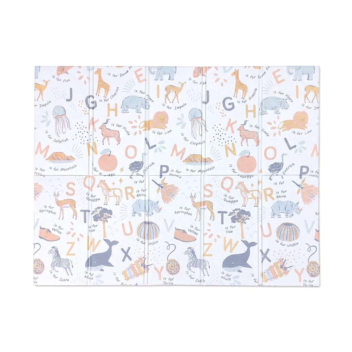 Primabobo Mata Piankowa do Zabawy 120x180cm, Duża Edukacyjna Mata Podłogowa dla Niemowląt, Wzór Alfabet i Zwierzątka Safari, Gruba Powierzchnia Izolująca, Wodoodporna, Pastelowy Design
