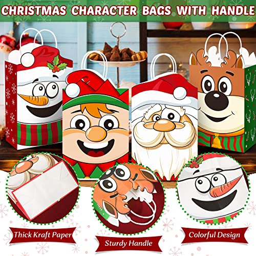 16 Pieces Christmas Gift Bags with Tissue Papers Large Xmas Santa Claus Elf Kraft Goody Gift Paper Bags with Handles Christmas Snowman Reindeer Gift Treat Bags Set for Xmas Holiday Party Supplies