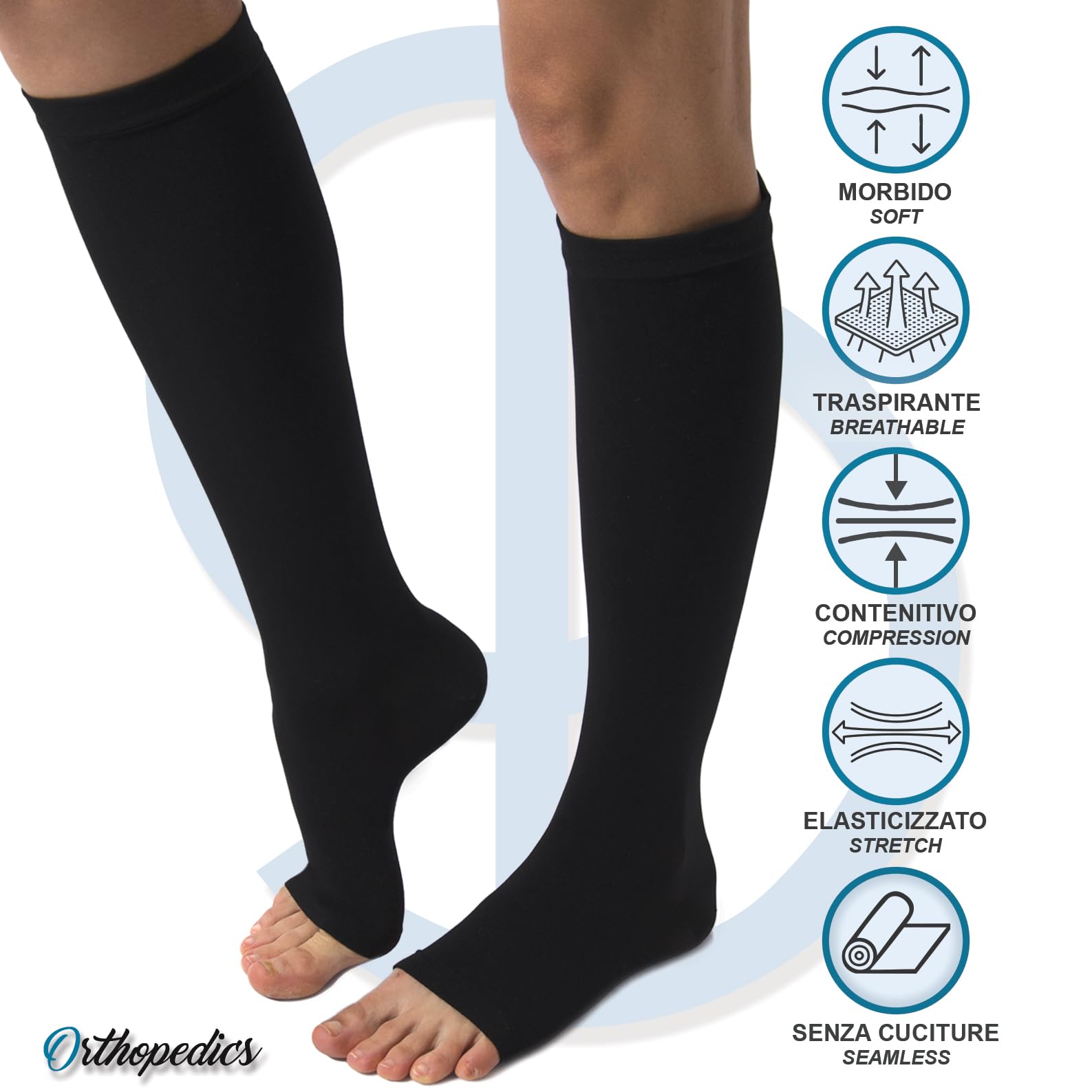 Beman 411A - Gambaletti Medicali K2 Classe 2, Compressione Graduata 23-32 mmHg, Punta Aperta Unisex, Tallone Rinforzato e Cuciture Piatte, Elastici Resistenti