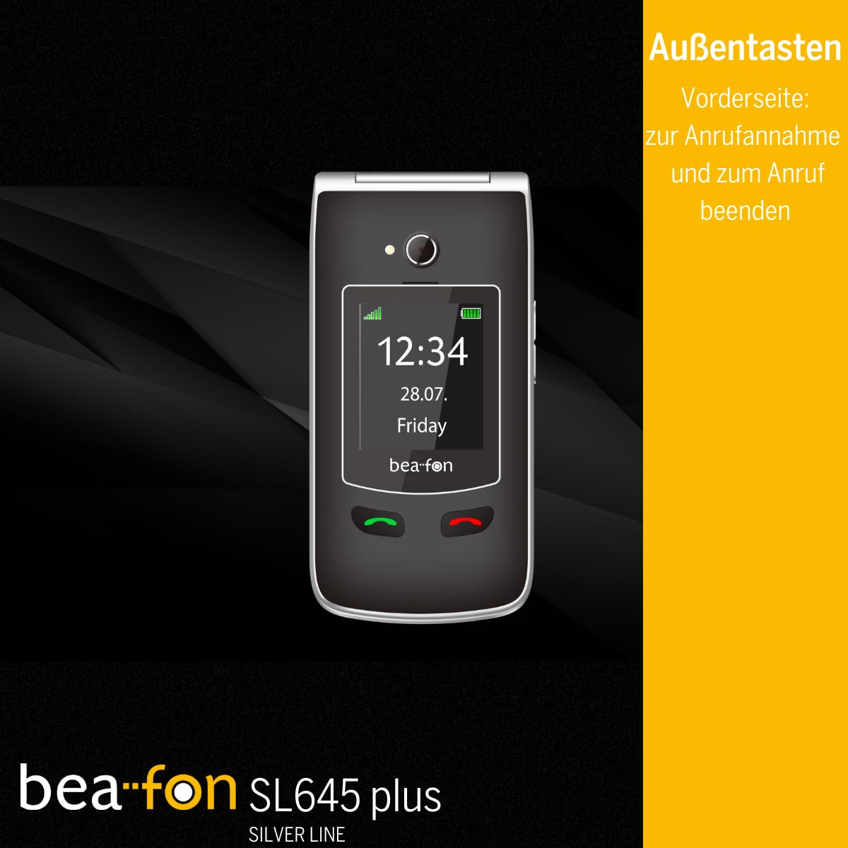 Beafon, SL645plus, Silverline, telefon komórkowy dla seniorów z przyciskiem alarmowym SOS, telefon składany, telefon z dużym przyciskiem, przycisk odbierania i kończenia rozmowy z przodu, klasa