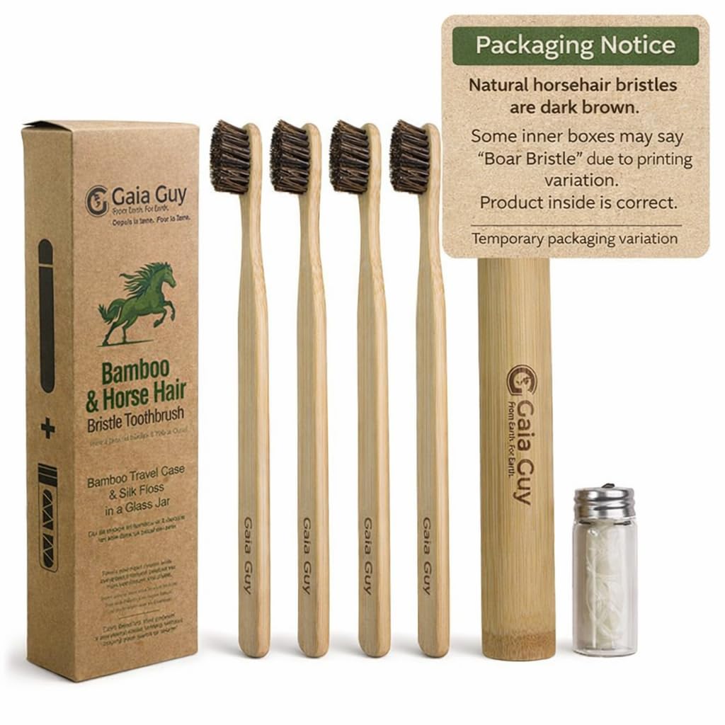 Gaia Guy Cepillo de dientes de cerdas de bambú y crin de caballo (paquete de 4) + estuche de viaje e hilo dental de seda | Cerdas e hilo dental 100% compostables | Juego dental ecológico | Cepillos de
