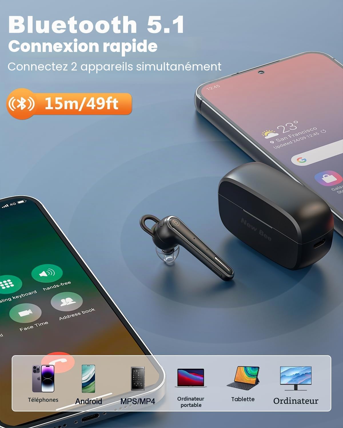 New Bee oreillette Bluetooth sans Fil V5.1 avec 50 Heures d'autonomie, kit Main Libre Ultra-léger avec Annulation du Microphone ENC, Connexion à Deux appareils pour Conduite/Affaires
