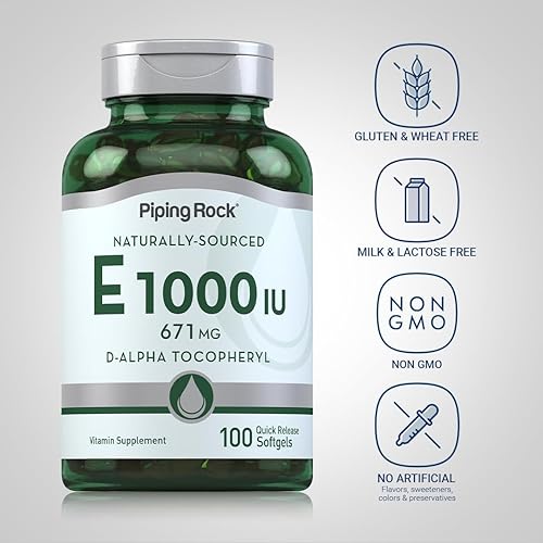 Miniatura 3 de Piping Rock Cápsulas de cápsulas blandas de vitamina E de 1000 UI | 671 mg | 100 píldoras | Suplemento de tocoferilo D-alfa | Sin OMG, sin gluten