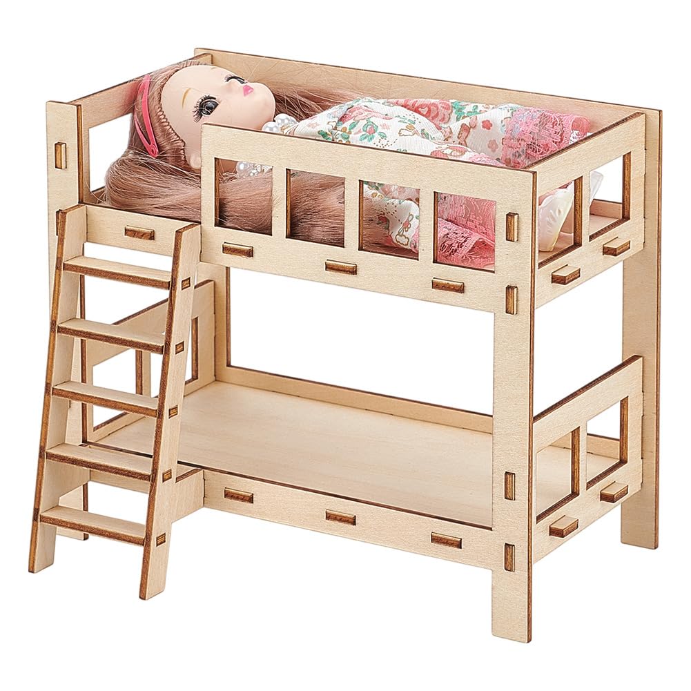 BENECREAT Bunk Bed for Dolls, Fits Up to 155mm/6.1 Inch Wooden Play Bunk Beds for Dollhouse Furniture Accessories, 170x90x140mm/6.7x3.5x5.5 Inch
