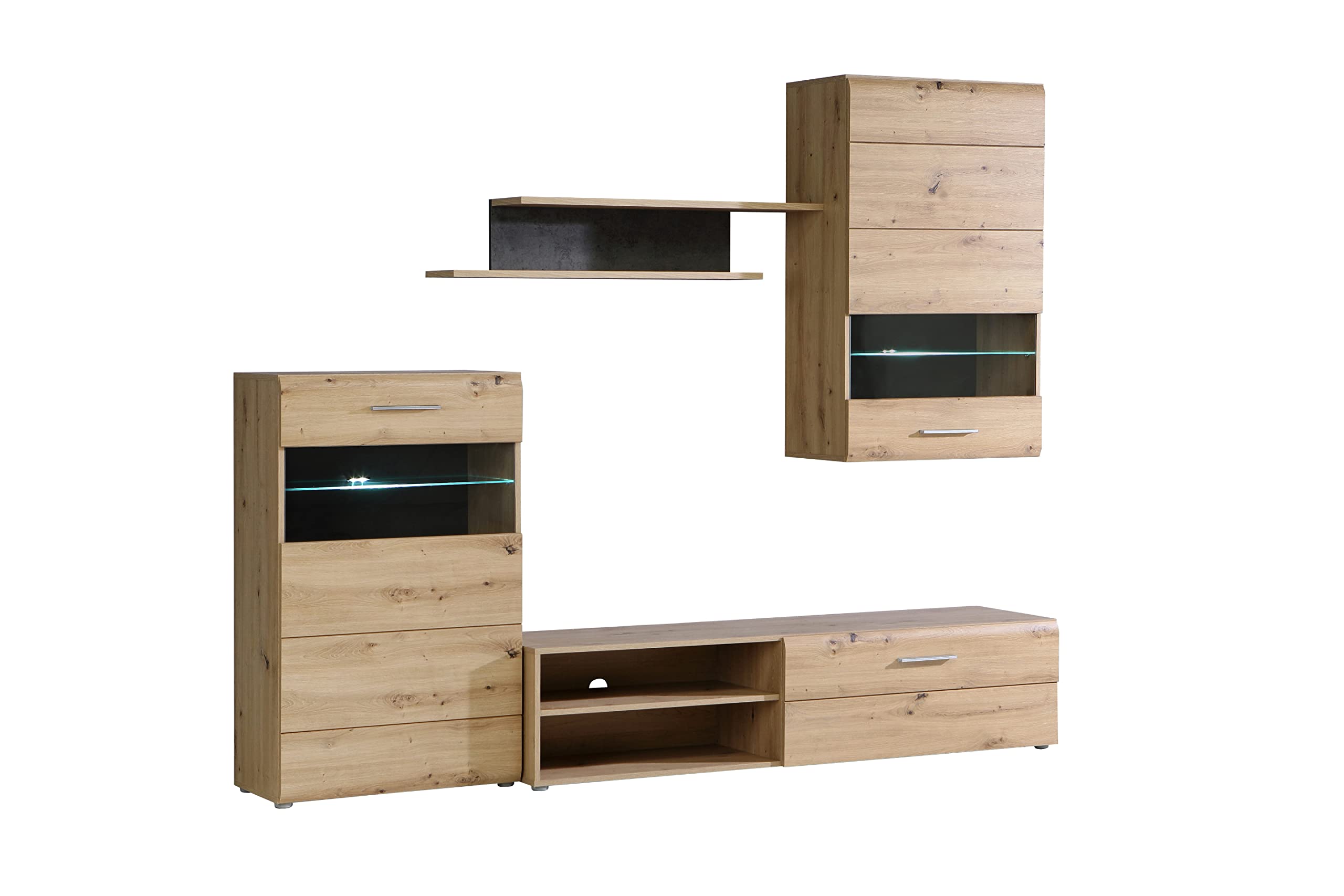 AVANTI TRENDSTORE Mursi - Parete da soggiorno moderna in legno laminato nel colore quercia artigianale, illuminazione LED compresa. Dimensioni LxAxP 229x184x42 cm.