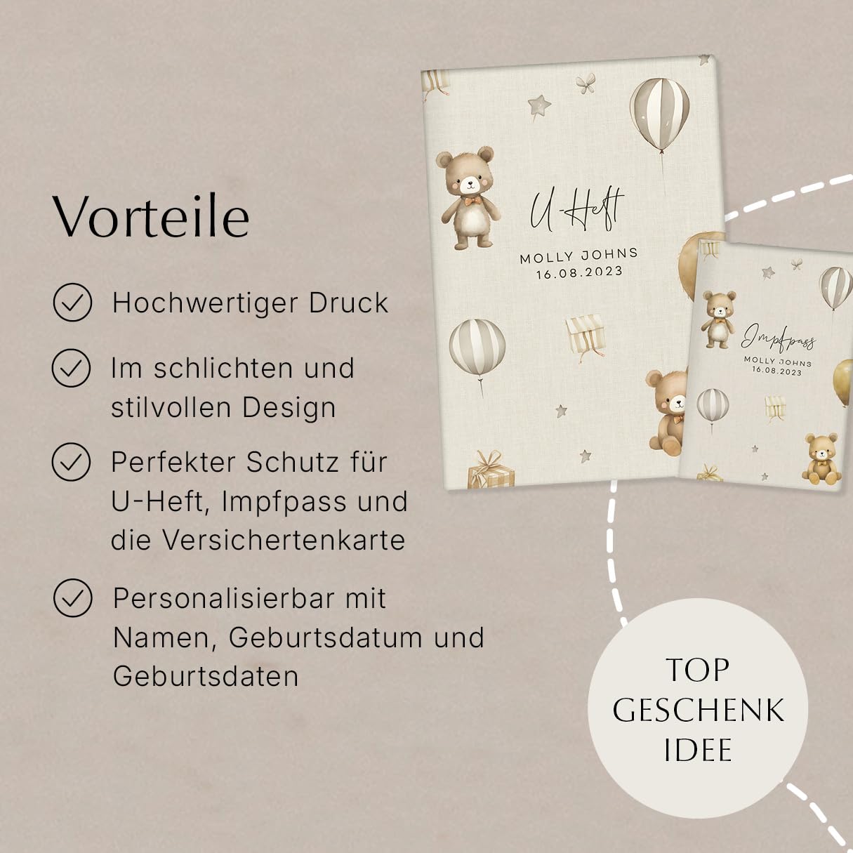 U-Hefthülle mit Zusatzfach und Impfasshülle Set personalisierbar mit Name Datum in Beige | Schutzhülle mit Aquarell Bären Luftballons (Molly Beige, U-Heft m. Zusatzfach & Impfpasshülle)