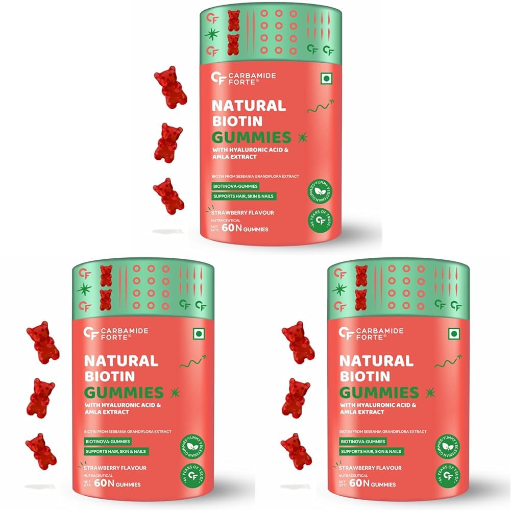 Carbamide Forte Biotin Gummies for Hair Growth|Hair growth Gummy for Longer, thicker and Healthier Hair | Biotin Supplement for Men & Women - 60 Veg Strawberry-flavoured Gummies (Pack of 3)