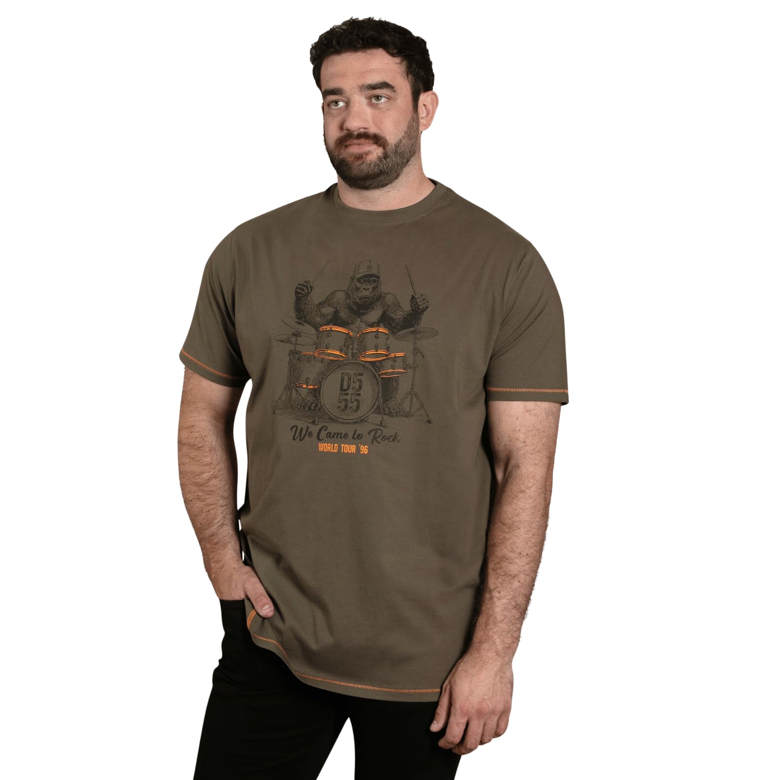 D555 Gorilla Playing Drums Printed Crew Neck T-Shirt, Green, Size 6Xl, Men