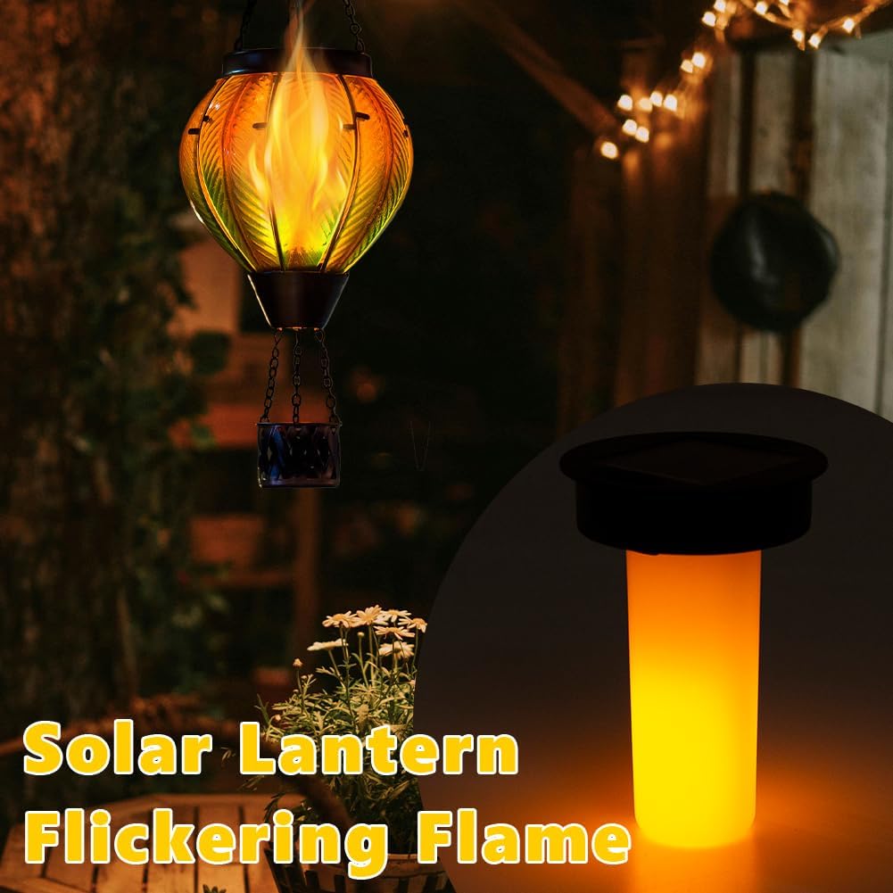 Gradient Hot Air Balloon Solar Lanterns Outdoor Waterproof,Gradient Glass Hanging Solar Hot Air Balloon Lantern with Flame Flickering Lights for Patio,Porch,Yard Decor