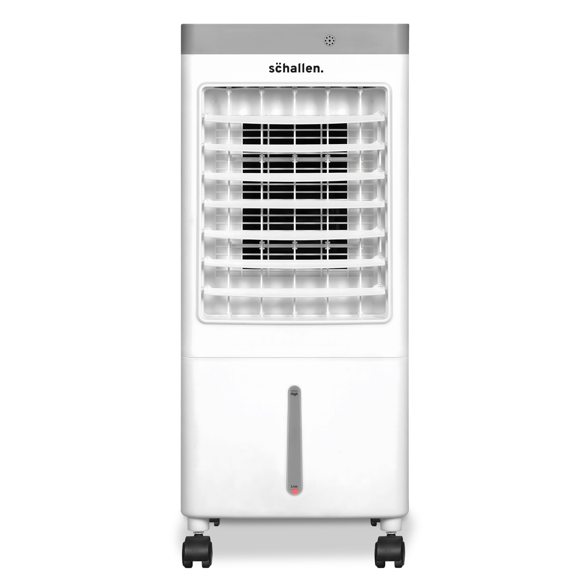 Schallen Portable Air Cooler for Home and Office Use, Sleek Design 3 Speed Settings with Large 10 Litre Water Tank, Remote Control, 65W, White and Grey